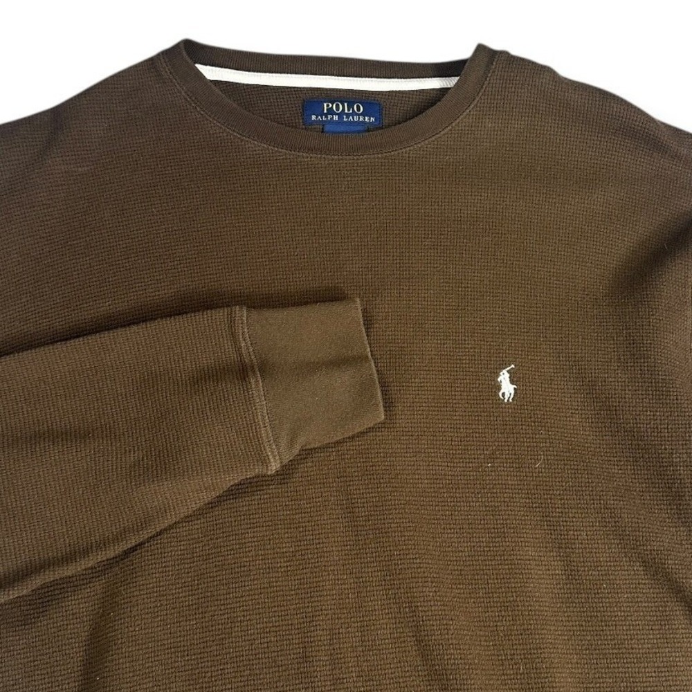 Polo Ralph Lauren Mens Large Brown Waffle Knit Thermal Long Sleeve Shirt Cotton
